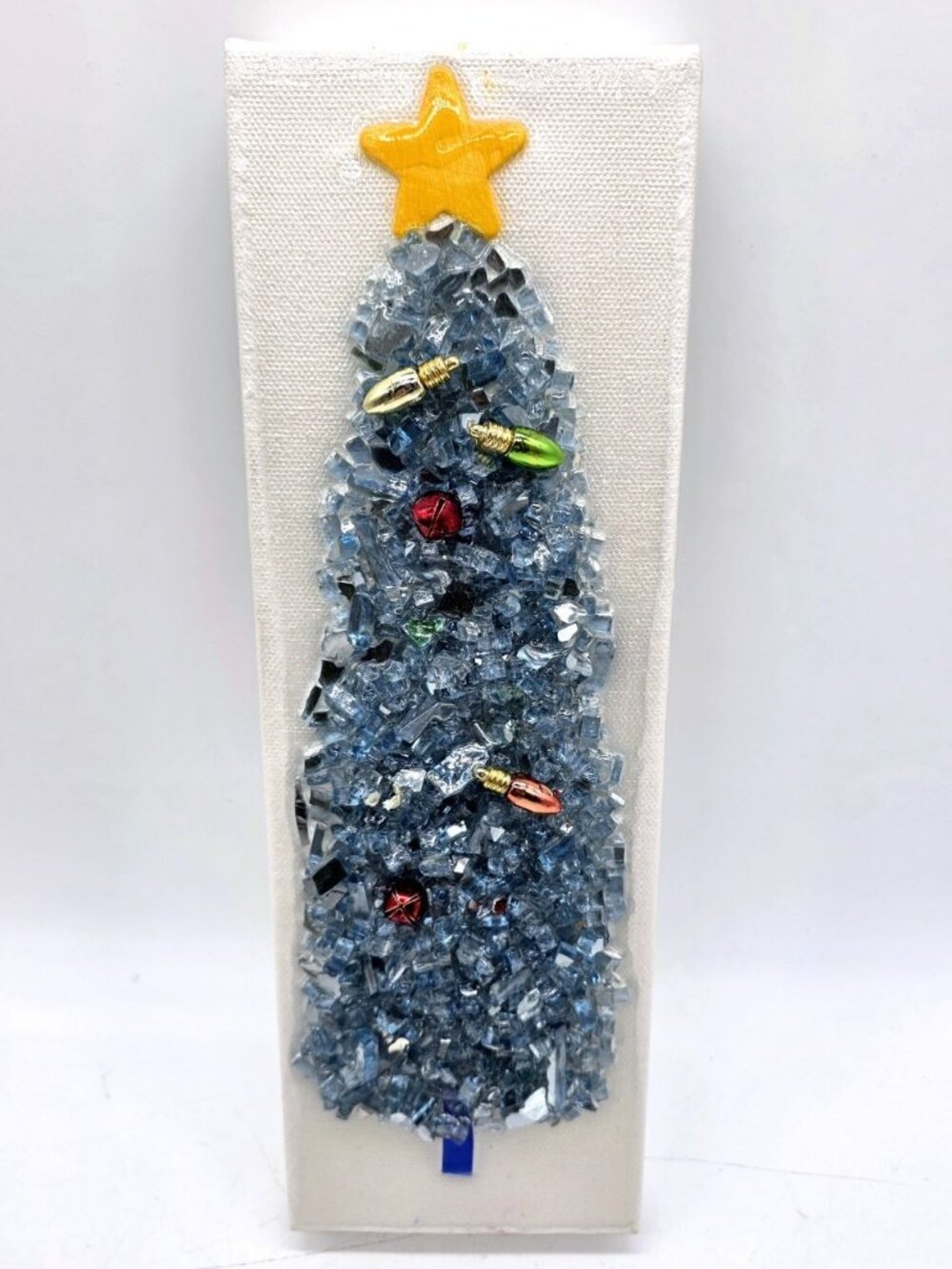 Handmade Crushed Blue And Silver Glass Christmas Tree On Canvas Wall Art Boho